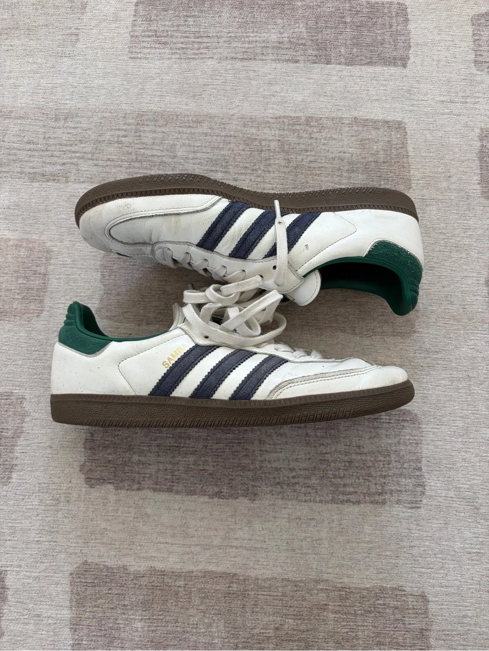 adidas Samba Sneakers in White with Navy Stripes and Green Heel Tab